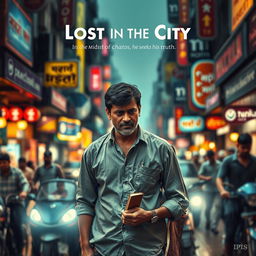 A striking movie poster depicting a profound author lost and depressed in the bustling streets of Mumbai
