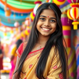 A beautiful Indian girl, embodying grace and youth, with long dark hair and a bright smile, dressed in traditional attire suitable for a cultural festival