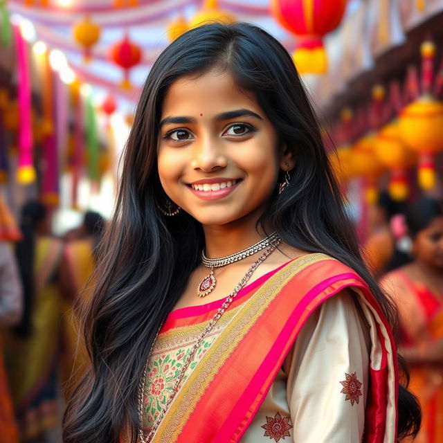 A beautiful Indian girl, embodying grace and youth, with long dark hair and a bright smile, dressed in traditional attire suitable for a cultural festival