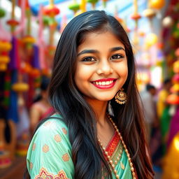 A beautiful Indian girl, embodying grace and youth, with long dark hair and a bright smile, dressed in traditional attire suitable for a cultural festival