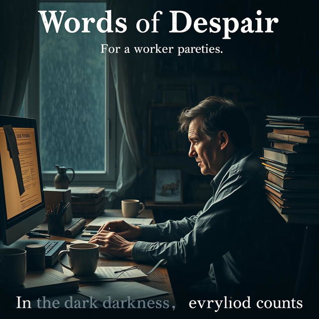 An evocative movie poster portraying an author lost and depressed at his writing desk, intensely focused on his computer screen