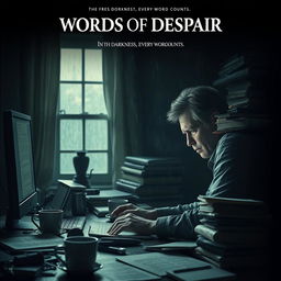 An evocative movie poster portraying an author lost and depressed at his writing desk, intensely focused on his computer screen