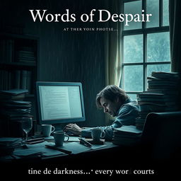 An evocative movie poster portraying an author lost and depressed at his writing desk, intensely focused on his computer screen