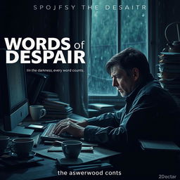 An evocative movie poster portraying an author lost and depressed at his writing desk, intensely focused on his computer screen