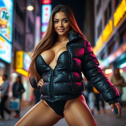 A stunning young woman clad in a tight, shiny black puffer jacket that accentuates her voluptuous figure and full bust