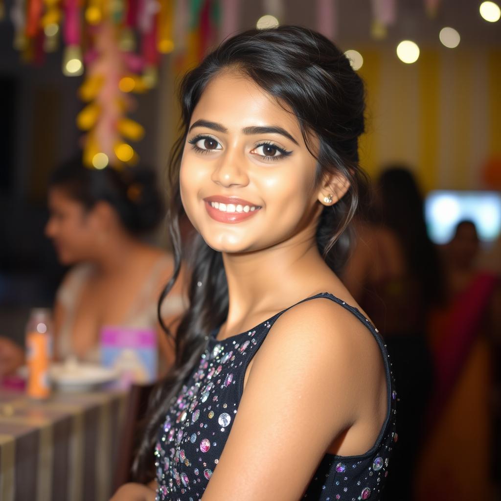 A stunning 15-year-old Indian girl, embodying youthful beauty, wearing a stylish party dress adorned with sparkling sequins