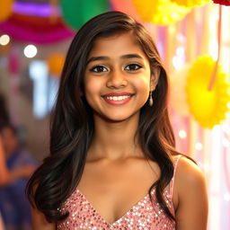 A stunning 15-year-old Indian girl, embodying youthful beauty, wearing a stylish party dress adorned with sparkling sequins