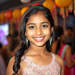 A stunning 15-year-old Indian girl, embodying youthful beauty, wearing a stylish party dress adorned with sparkling sequins