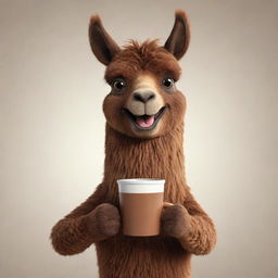 A lively animation of a brown llama cheerfully holding a traditional Uruguayan mate cup.