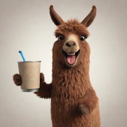 A lively animation of a brown llama cheerfully holding a traditional Uruguayan mate cup.