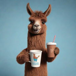 A lively animation of a brown llama cheerfully holding a traditional Uruguayan mate cup.