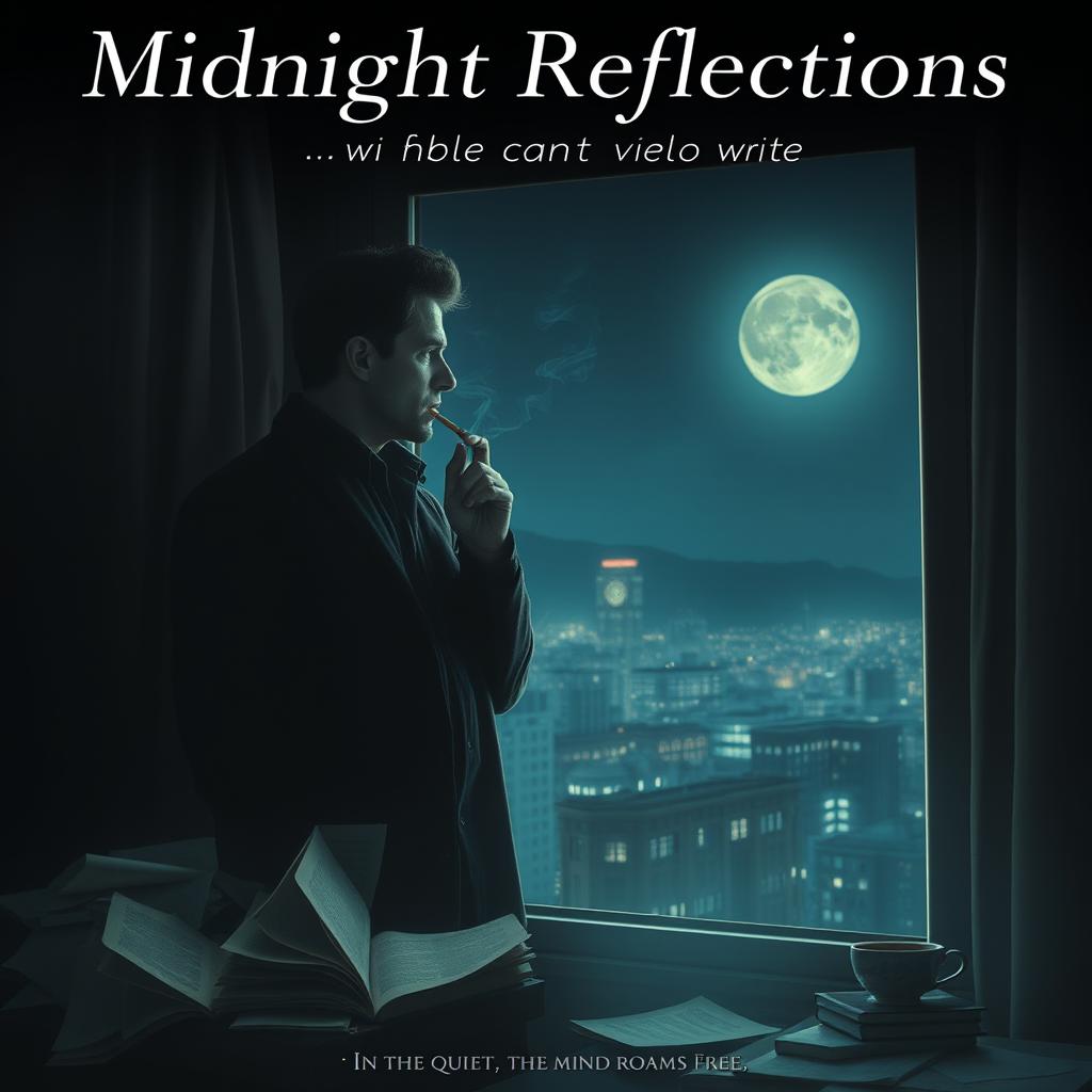 An atmospheric movie poster featuring an author standing by a window in the stillness of midnight, deeply immersed in thought as he contemplates why he can't write