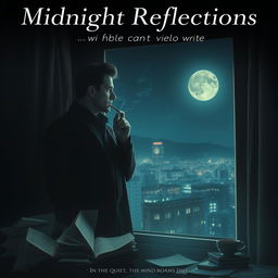 An atmospheric movie poster featuring an author standing by a window in the stillness of midnight, deeply immersed in thought as he contemplates why he can't write