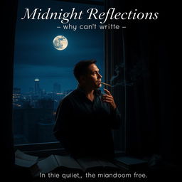 An atmospheric movie poster featuring an author standing by a window in the stillness of midnight, deeply immersed in thought as he contemplates why he can't write