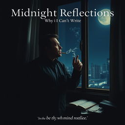 An atmospheric movie poster featuring an author standing by a window in the stillness of midnight, deeply immersed in thought as he contemplates why he can't write