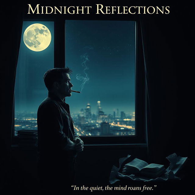 An atmospheric movie poster featuring an author standing by a window in the stillness of midnight, deeply immersed in thought as he contemplates why he can't write