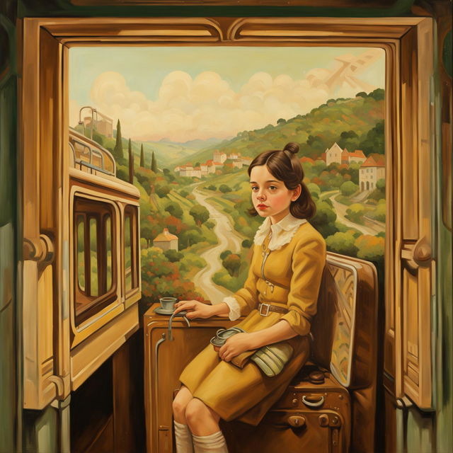 An intricately detailed Wes Anderson-style oil painting in a gold frame, featuring a girl on a train, presented in 32k resolution with a vintage aesthetic