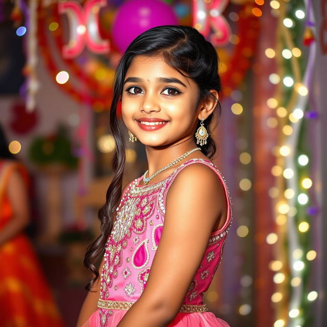 A vibrant full-body portrait of a 15-year-old Indian girl in a stunning party dress, embellished with sequins and intricate designs