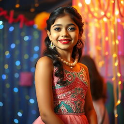 A vibrant full-body portrait of a 15-year-old Indian girl in a stunning party dress, embellished with sequins and intricate designs
