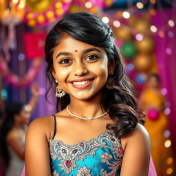 A vibrant full-body portrait of a 15-year-old Indian girl in a stunning party dress, embellished with sequins and intricate designs