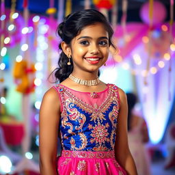 A vibrant full-body portrait of a 15-year-old Indian girl in a stunning party dress, embellished with sequins and intricate designs