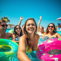 A vibrant and lively pool party scene featuring an attractive woman in a playful and joyous atmosphere
