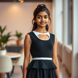 A striking full-body portrait of a 15-year-old Indian girl, showcasing her in a stylish solid black and white women’s hollow-out peplum mini dress that is age-appropriate yet trendy