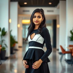A striking full-body portrait of a 15-year-old Indian girl, showcasing her in a stylish solid black and white women’s hollow-out peplum mini dress that is age-appropriate yet trendy