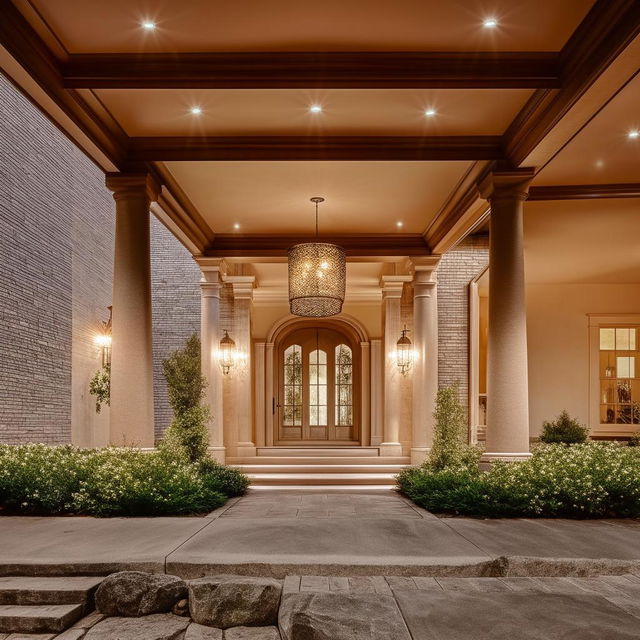 The exquisite interior of a luxury home complemented by the view of an outstanding portico and long winding driveway.