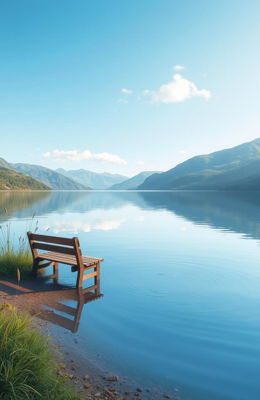 A serene landscape illustrating a state of tranquility and inner peace, featuring a calm lake reflecting a clear blue sky, surrounded by lush green mountains