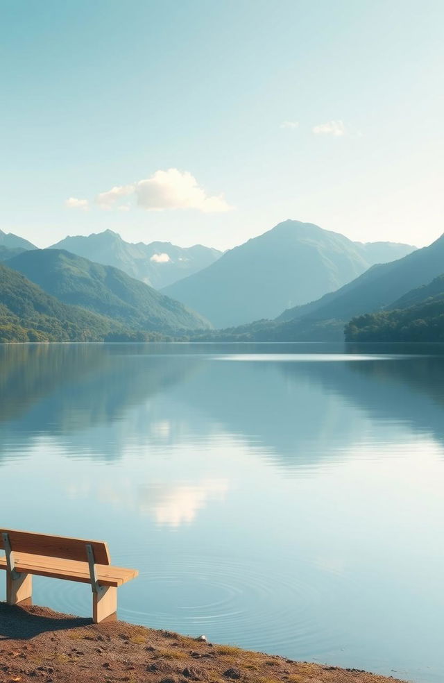 A serene landscape illustrating a state of tranquility and inner peace, featuring a calm lake reflecting a clear blue sky, surrounded by lush green mountains