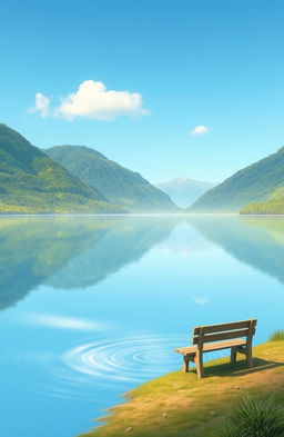 A serene landscape illustrating a state of tranquility and inner peace, featuring a calm lake reflecting a clear blue sky, surrounded by lush green mountains