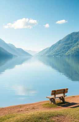 A serene landscape illustrating a state of tranquility and inner peace, featuring a calm lake reflecting a clear blue sky, surrounded by lush green mountains