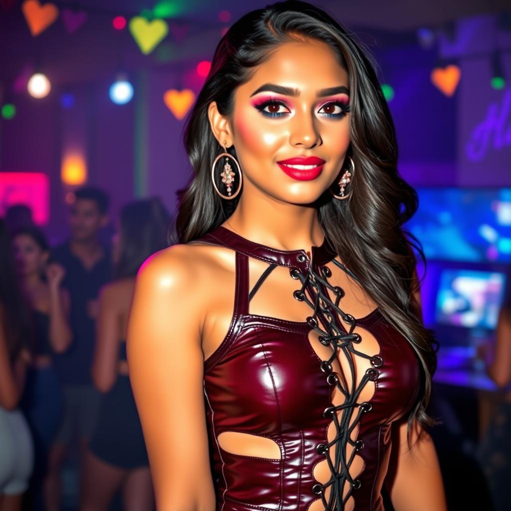 A stunning young Indian woman, dressed in a shiny leather dress with hollow-out sections and a lace-up design, is posed in a vibrant nightlife setting