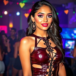 A stunning young Indian woman, dressed in a shiny leather dress with hollow-out sections and a lace-up design, is posed in a vibrant nightlife setting