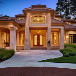 The exquisite interior of a luxury home complemented by the view of an outstanding portico and long winding driveway.