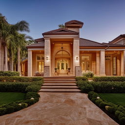 The exquisite interior of a luxury home complemented by the view of an outstanding portico and long winding driveway.