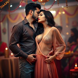 A sensual and captivating scene featuring a woman resembling Nushrat Bharucha, wearing a low-waist chiffon long skirt and striking red lipstick