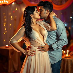 A sensual and captivating scene featuring a woman resembling Nushrat Bharucha, wearing a low-waist chiffon long skirt and striking red lipstick