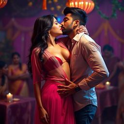 A sensual and captivating scene featuring a woman resembling Nushrat Bharucha, wearing a low-waist chiffon long skirt and striking red lipstick