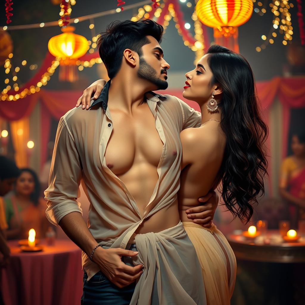 A sensual and captivating scene featuring a woman resembling Nushrat Bharucha, wearing a low-waist chiffon short skirt and vibrant red lipstick