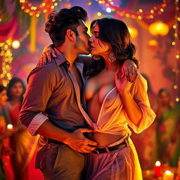 A sensual and captivating scene featuring a woman resembling Nushrat Bharucha, wearing a low-waist chiffon short skirt and vibrant red lipstick