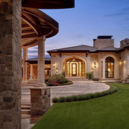 The exquisite interior of a luxury home complemented by the view of an outstanding portico and long winding driveway.