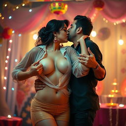 A sensual and alluring scene featuring a woman resembling Nushrat Bharucha, wearing a low-waist short skirt and vibrant red lipstick