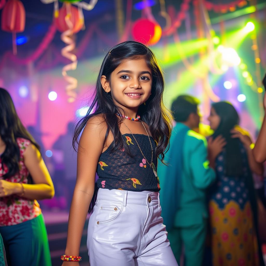 A young Indian girl wearing fashionable latex pants, enjoying a lively party atmosphere