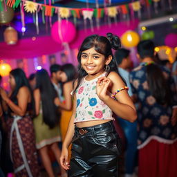 A young Indian girl wearing fashionable latex pants, enjoying a lively party atmosphere