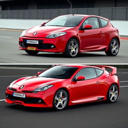 A redesigned Renault Megane transformed into a sleek Ferrari-inspired model from the 2000s