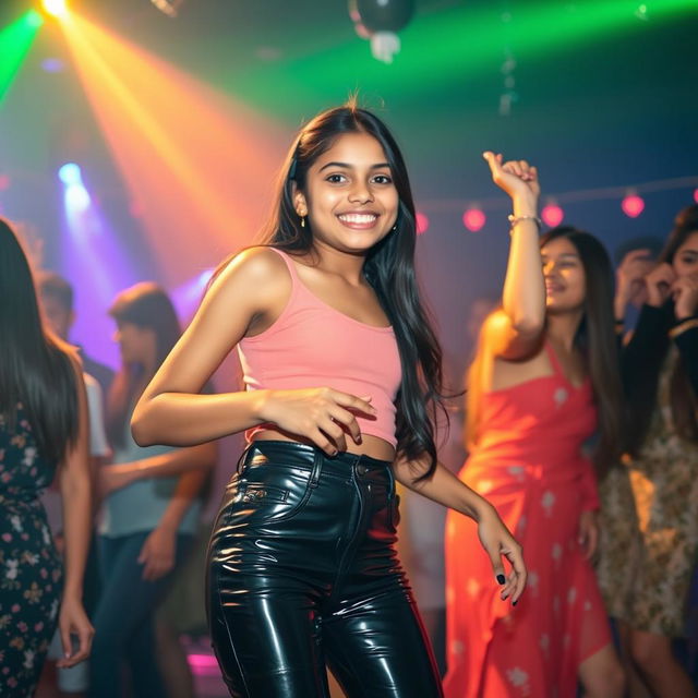 A cheerful Indian girl, around 15 years old, wearing tight latex pants and having a great time at a lively party