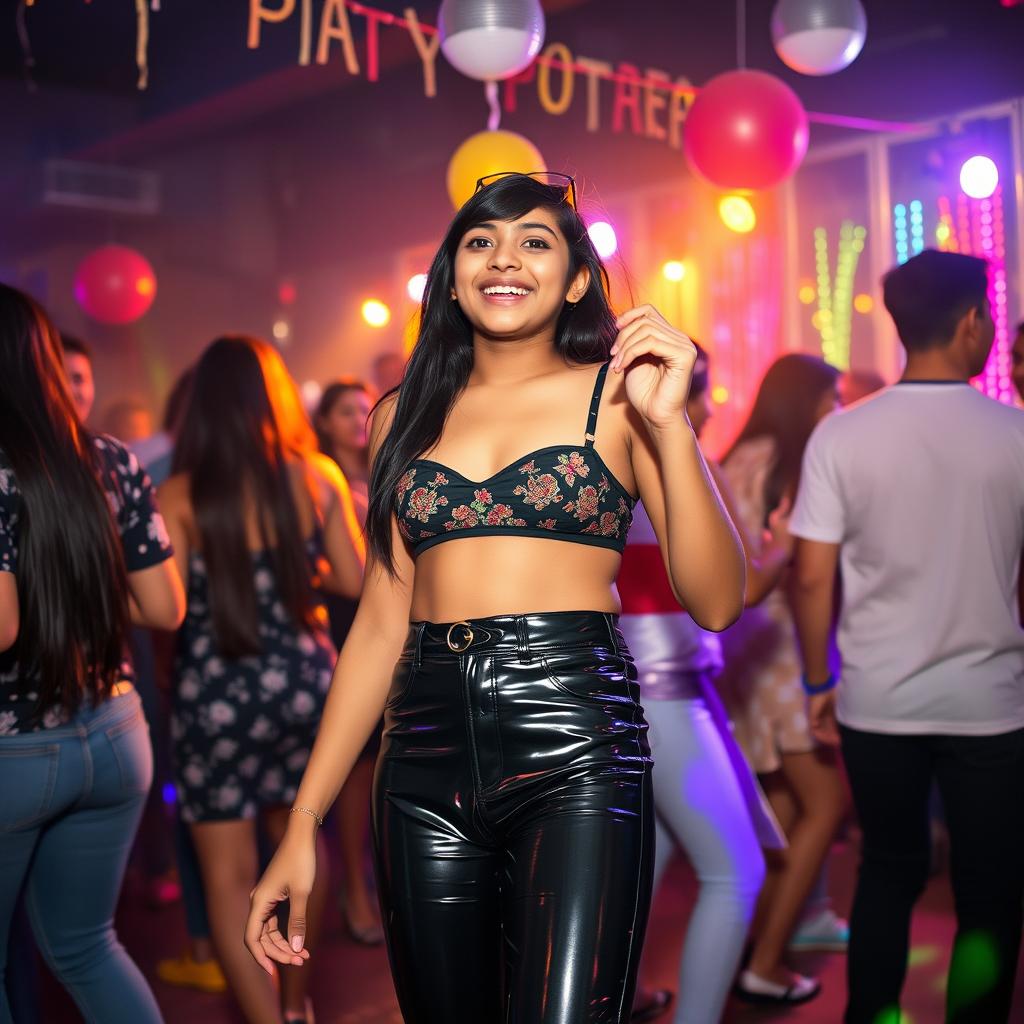 A cheerful Indian girl, around 15 years old, wearing tight latex pants and having a great time at a lively party