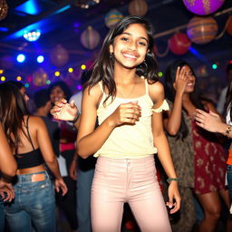 A cheerful Indian girl, around 15 years old, wearing tight latex pants and having a great time at a lively party